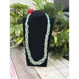 Vintage Mint Green Multi Strand Seed Bead Necklace 24” Boho Statement